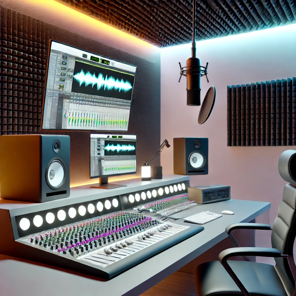 Das Bild zeigt ein modernes Sounddesign-Studio mit einem großen Mischpult, zwei Monitoren, die Audiodaten anzeigen, und akustischen Schaumstoffplatten an den Wänden. Ein Mikrofon hängt von oben herab, und die Beleuchtung schafft eine professionelle und kreative Atmosphäre.