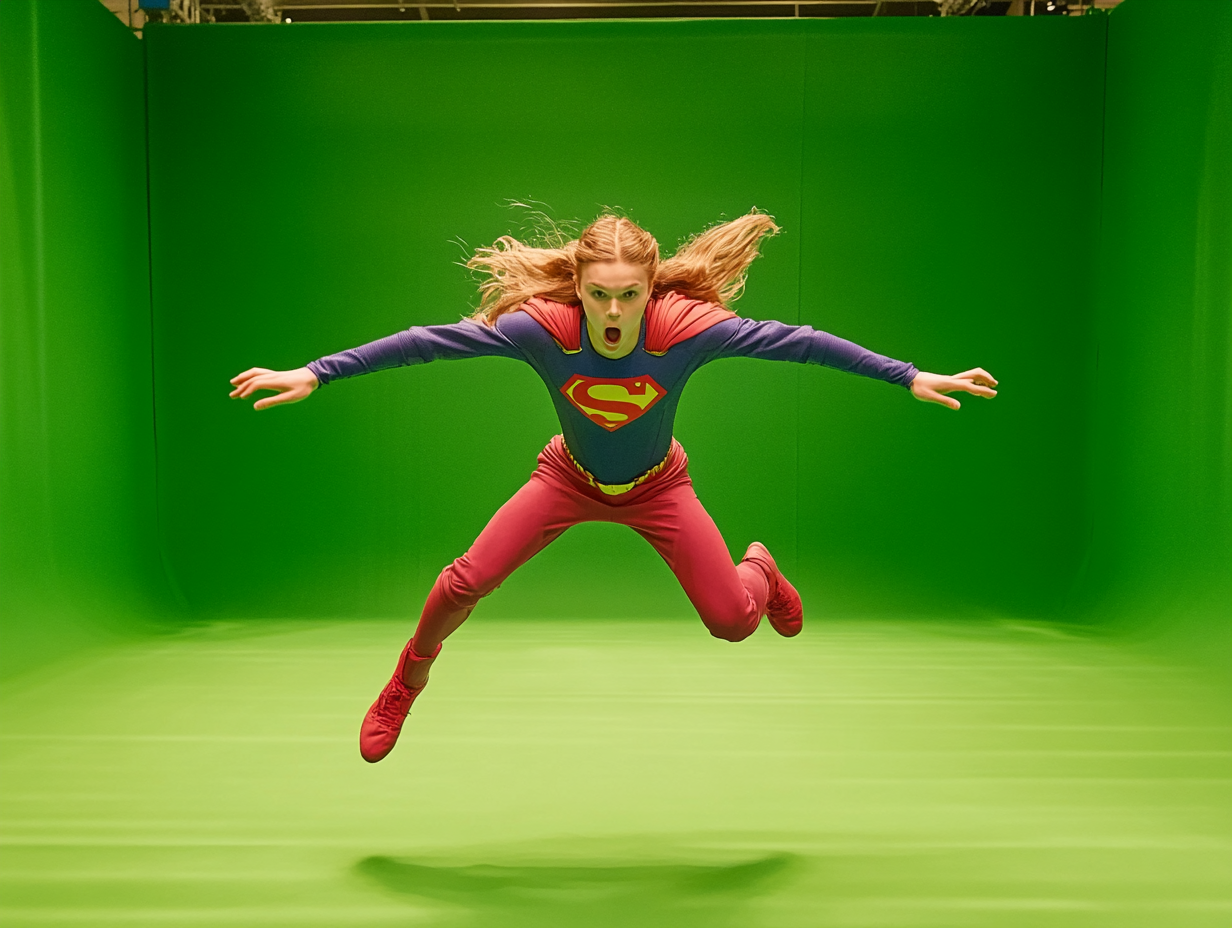 Ein Mädchen in einem Superhelden-Kostüm schwebt vor einem grünen Hintergrund. Der Raum ist vollständig in Grün gehalten, um eine Greenscreen-Aufnahme zu ermöglichen. Sie trägt ein rot-blaues Outfit mit dem 