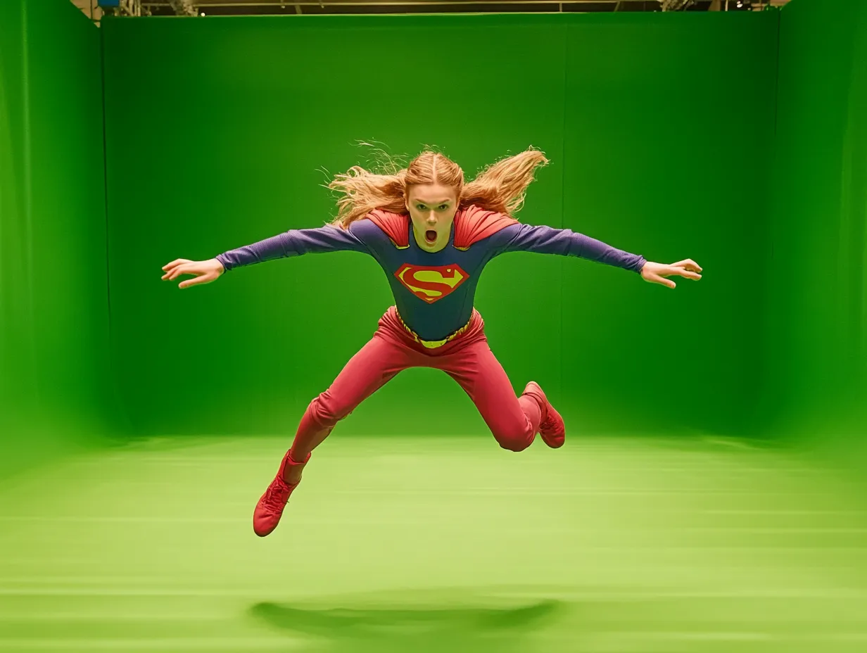 Ein Mädchen in einem Superhelden-Kostüm schwebt vor einem grünen Hintergrund. Der Raum ist vollständig in Grün gehalten, um eine Greenscreen-Aufnahme zu ermöglichen. Sie trägt ein rot-blaues Outfit mit dem 