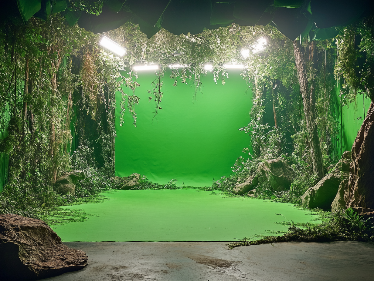 Das Bild zeigt eine Studio-Szene mit einem Greenscreen, der vollständig von üppigen, dschungelartigen Pflanzen und Felsen umgeben ist. Die künstliche Beleuchtung von oben sorgt für eine gleichmäßige Ausleuchtung, während die Szenerie wie ein dichter Wald wirkt.