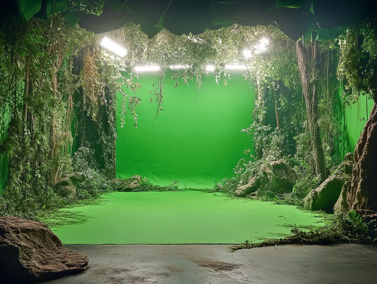 Das Bild zeigt eine Studio-Szene mit einem Greenscreen, der vollständig von üppigen, dschungelartigen Pflanzen und Felsen umgeben ist. Die künstliche Beleuchtung von oben sorgt für eine gleichmäßige Ausleuchtung, während die Szenerie wie ein dichter Wald wirkt.
