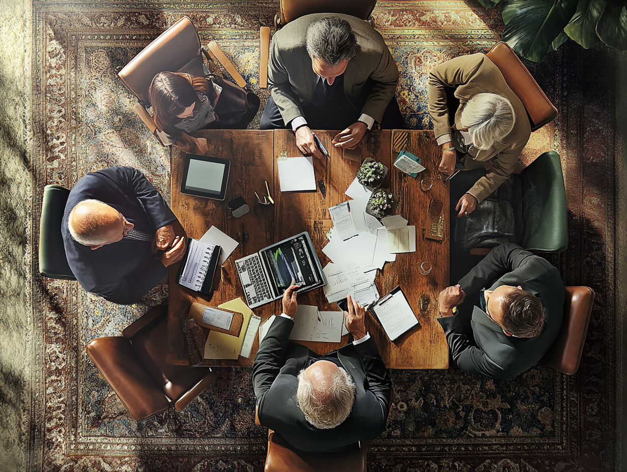 Das Bild zeigt eine Gruppe von sieben Personen, die um einen hölzernen Besprechungstisch sitzen, der mit Papieren, einem Laptop, Tablets und Schreibmaterialien bedeckt ist. Die Szene wirkt professionell und konzentriert, mit einem dekorativen Teppich und Pflanzen im Hintergrund.