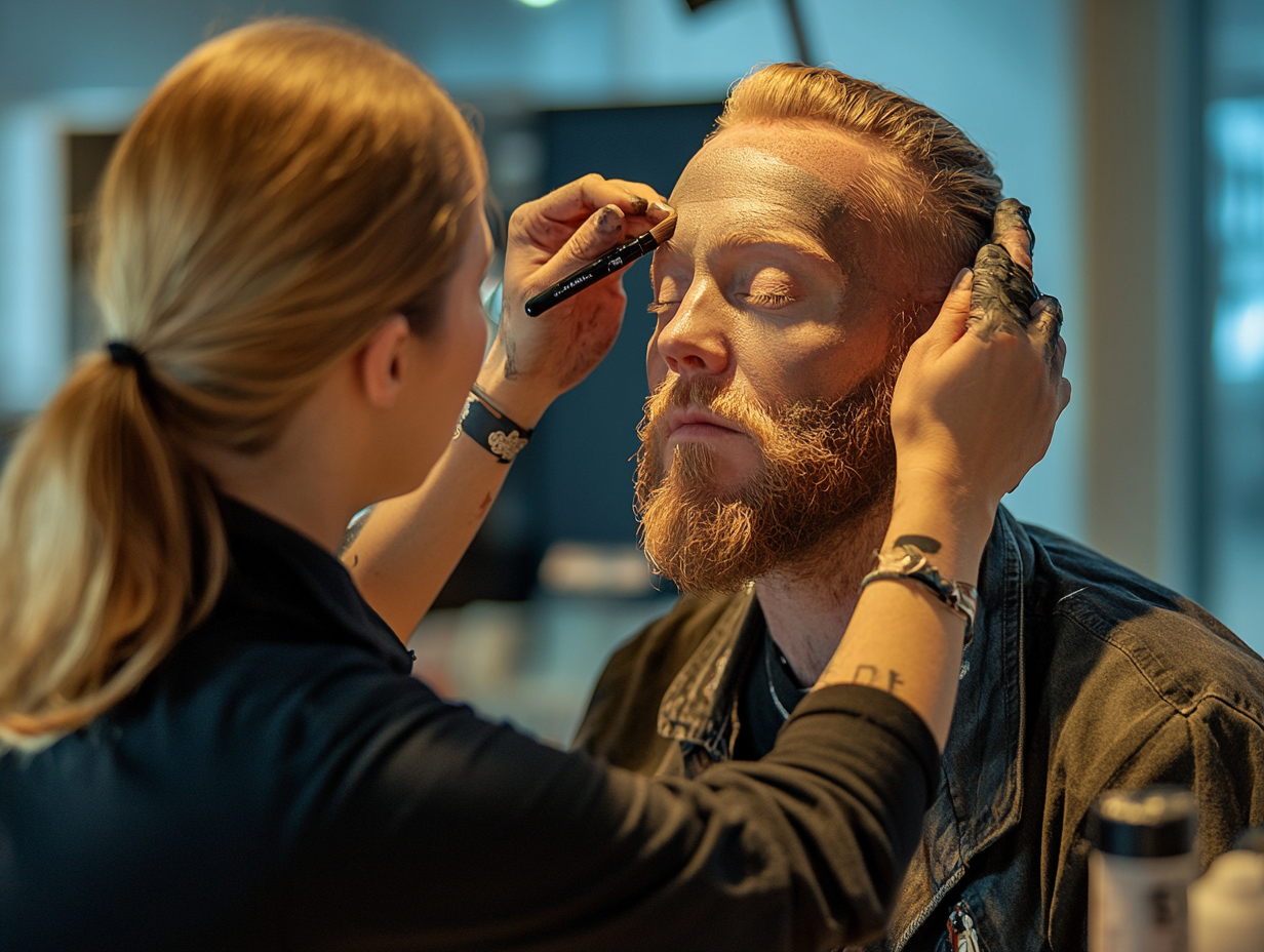 Eine Make-up-Artistin arbeitet konzentriert an einem Mann mit roten Haaren und Bart, während dieser entspannt mit geschlossenen Augen sitzt. Sie trägt sorgfältig Make-up auf seine Stirn auf und hält dabei sein Gesicht stabil.