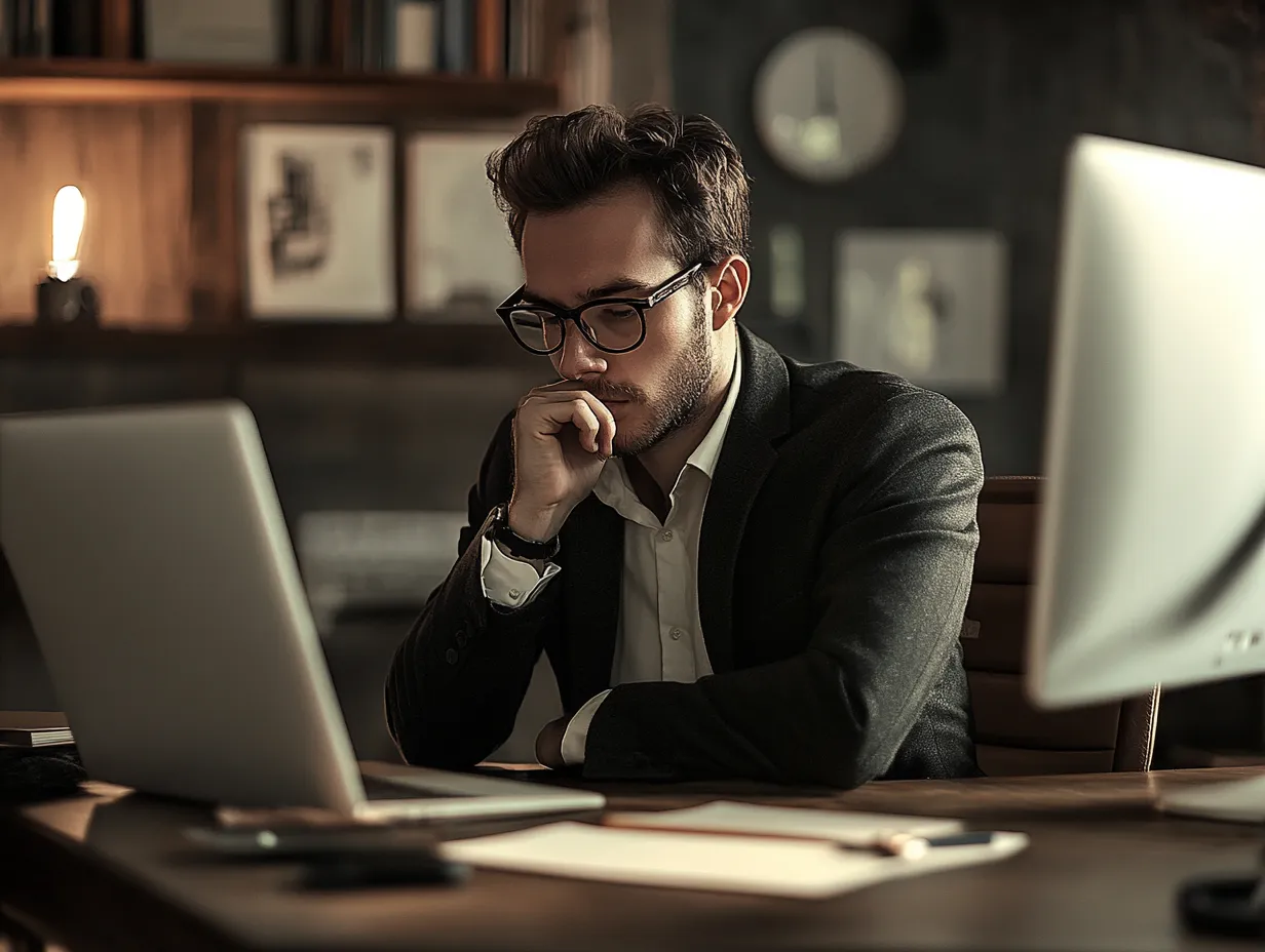 Ein Mann im Anzug sitzt an einem Schreibtisch in einem Büro und schaut konzentriert auf einen Laptop. Im Hintergrund sind Regale mit Büchern und Bildern zu sehen, was eine ruhige und professionelle Arbeitsumgebung vermittelt.
