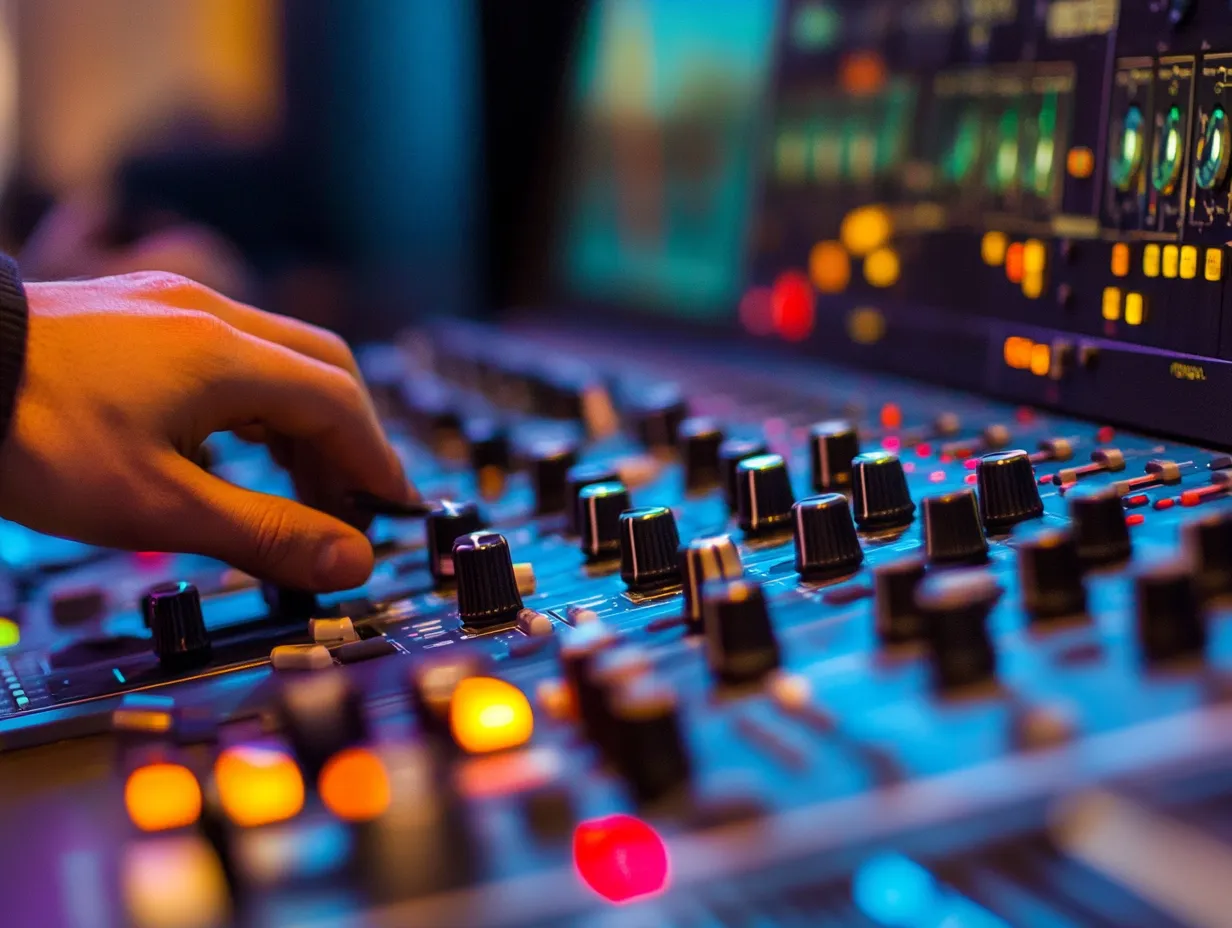 Das Bild zeigt eine Nahaufnahme eines Mischpults, auf dem zahlreiche Regler und Knöpfe in verschiedenen Größen zu sehen sind. Eine Hand justiert vorsichtig einen der Regler, während bunte Lichter das Gerät und die Umgebung in einer stimmungsvollen Atmosphäre beleuchten.
