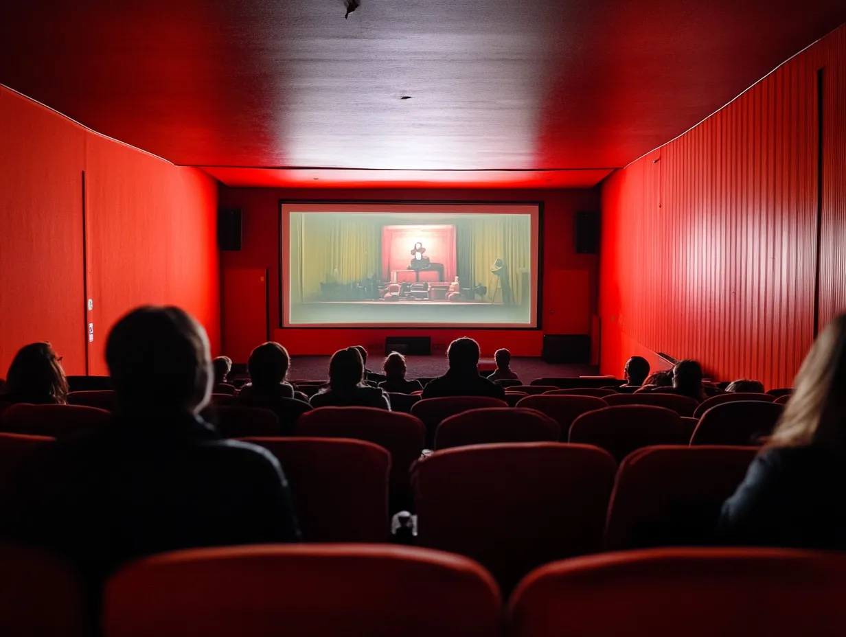 Das Bild zeigt einen Kinosaal mit roten Wänden und Sitzplätzen. Im Hintergrund läuft ein Film auf der Leinwand, und die Zuschauer sitzen und blicken auf die Projektion.