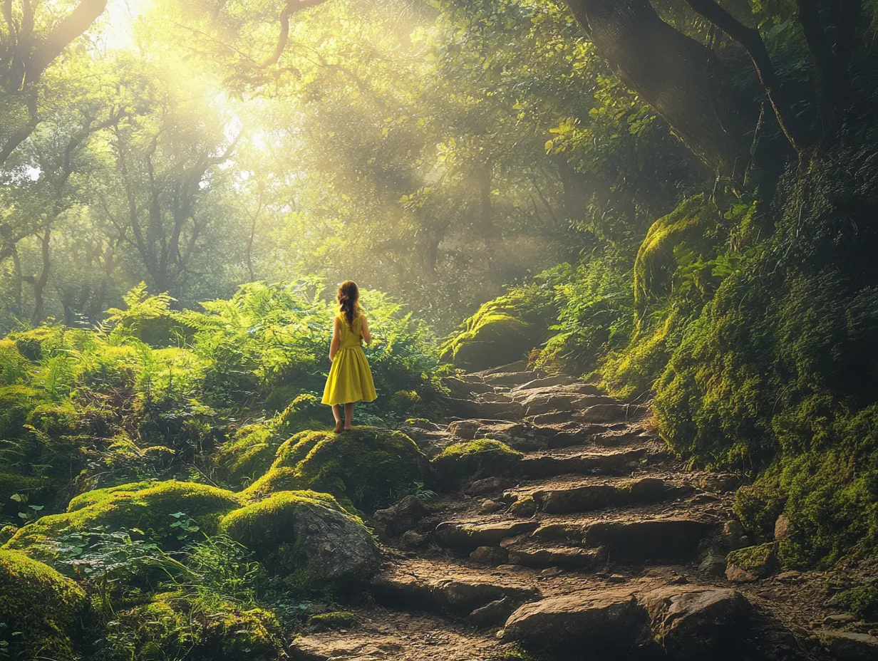 Ein Kind in einem gelben Kleid steht in einem sonnendurchfluteten Wald vor einer moosbewachsenen Steintreppe und blickt staunend in die Ferne.